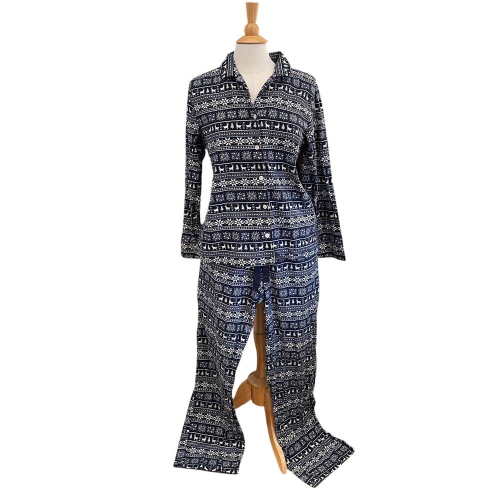 Lands' End Navy Fair Isle Flannel Pajama Set, Reindeer, Snowflakes, Holiday, M